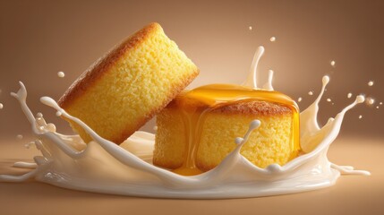 Delectable slices of sponge cake are seen with splashes of cream, creating a sweet visual feast