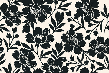 Seamless black floral pattern on a beige background featuring peony-inspired blossoms and leaves in bold silhouette style, perfect for modern textile design.