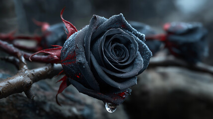 Black and red rose  with water drop