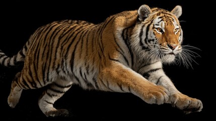 Obraz premium A dynamic tiger in motion against a dark background, showcasing its power and grace. The tiger's orange fur and black stripes stand out prominently.