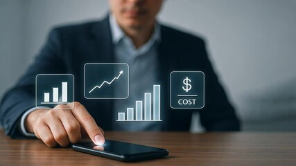 Businessman tapping on smartphone with floating charts and cost data glowing in air, showing futuristic analytics used in production planning and control - Powered by Adobe