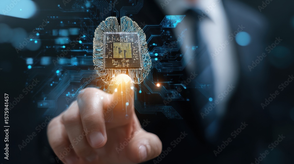Poster a person touching a futuristic brain illustration, symbolizing artificial intelligence and technolog