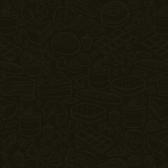 Seamless vector banner with outline fast food icons. Background with hand drawn drawings pizza, burger, hot dog, ice cream, soda, coffee. Sketch food pattern. Doodle silhouettes of takeaway elements
