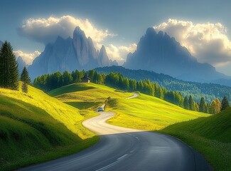 Beautiful mountain road in the Italian Dolomites with green meadows and trees on both sides of it. Summertime. A beautiful sunny day with clouds in the sky. An asphalt-paved, modern, winding, curved s
