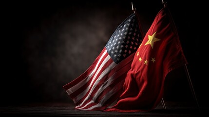 Tension Between USA and China Represented by National Flags in Trade War Concept