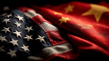 Close-Up of US and China Flags Symbolizing Trade War and Diplomatic Tension