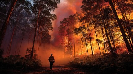 Fototapeta premium A lone firefighter battles a raging forest wildfire, surrounded by towering trees engulfed in intense flames and thick smoke.