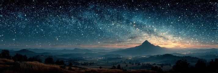 Night sky filled with stars over a majestic mountain landscape at dusk in the countryside