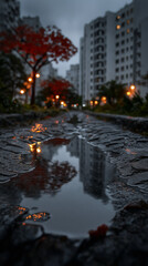 autumn in the city, water puddle, apartment buildings, lights.