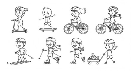 Joyful Adventures: Outlined images of kids enjoying various sports, each brimming with cheerful enthusiasm and zest for outdoor play and physical activities.