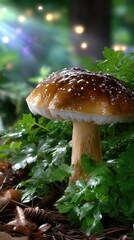 Beautiful mushroom growing in a lush green forest during daylight with soft sunlight filtering through trees