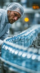 Man overseeing production of bottled water in a manufacturing facility during a busy workday