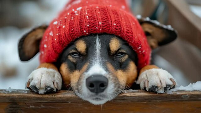 A mongrel in a bright red woolen hat sits comfortably on a wooden surface, blinking its eyes.