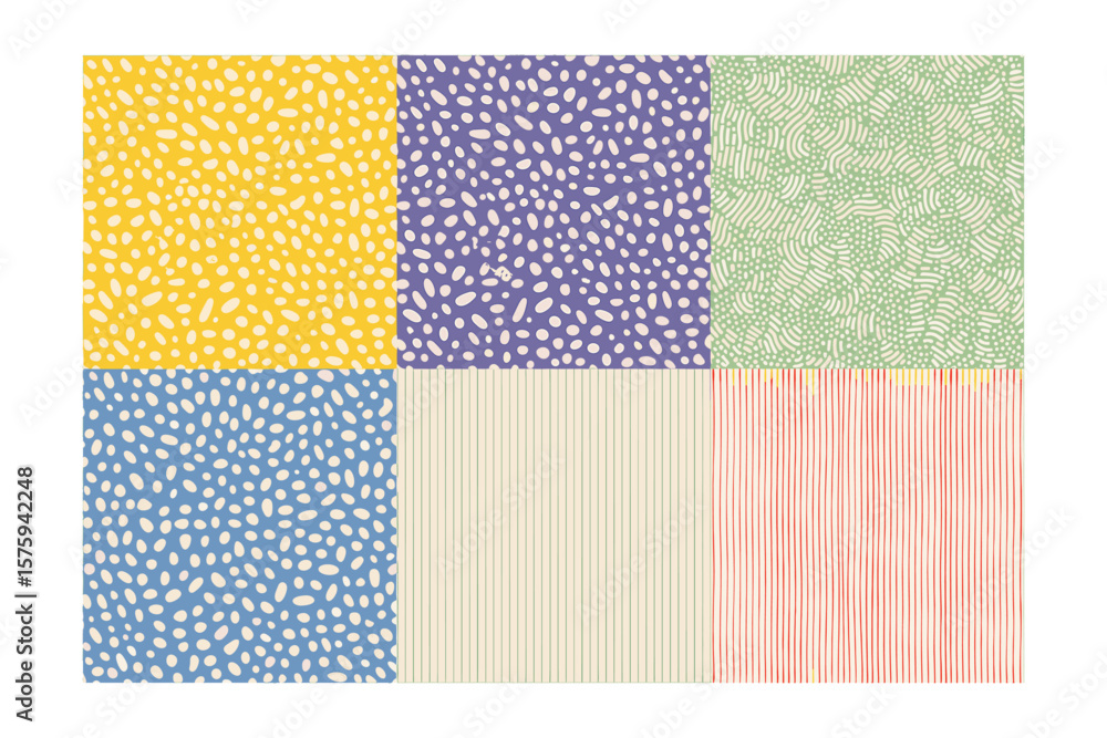 Poster a colorful collage of five distinct abstract patterns featuring dots and stripes in a grid layout