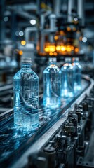 Bottles of water moving along a conveyor belt in a beverage production facility during daytime processing