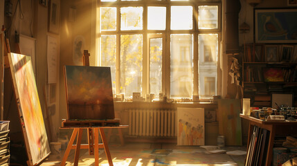 Painters working in a beautiful studio filled with brushes, colors, and stunning artworks.

