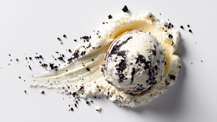A scoop of vanilla ice cream with chocolate chip cookie pieces, gently spread on a white surface, with crunchy crumbs all around.