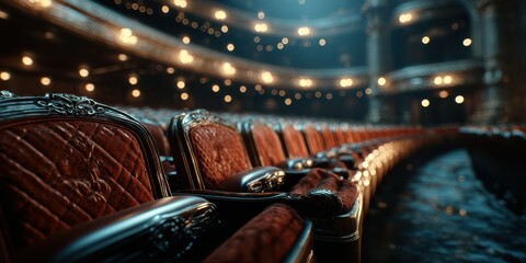 Elegant red velvet seats in an opulent theater during a performance at night in a historic venue