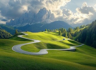 Beautiful mountain road in the Italian Dolomites with green meadows and trees on both sides of it. Summertime. A beautiful sunny day with clouds in the sky. An asphalt-paved, modern, winding, curved s