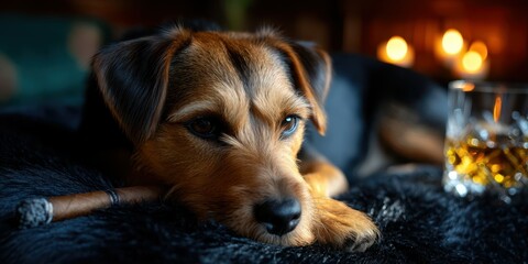 Relaxing evening with a dog by the warm fireplace and whiskey glass on a cozy rug