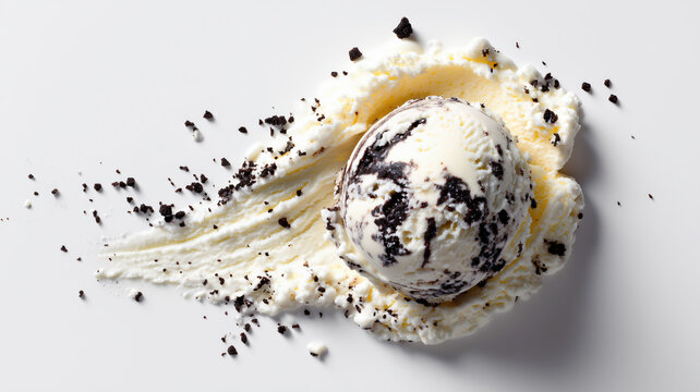 A scoop of vanilla ice cream with chocolate chip cookie pieces, gently spread on a white surface, with crunchy crumbs all around. - Powered by Adobe