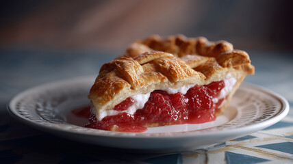 A slice of pie with a golden, crispy crust, filled with white cream and a generous berry filling, served on a decorated plate.