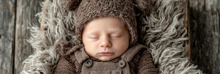 Newborn baby peacefully resting in a cozy fuzzy outfit and hat on a textured blanket