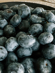 Freshly harvested blueberries displayed in a rustic bowl on a wooden table