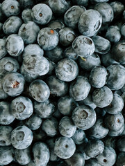 Fresh blueberries stacked in abundance on a market display for healthy snacking and cooking