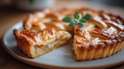 Apple pie with crispy braided pastry with a piece cut out revealing the juicy, aromatic filling.