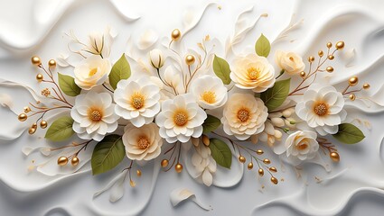 Elegant Floral Arrangement on Silk Fabric Background, Delicate White Flowers and Golden Accents for Wedding Invitation Design