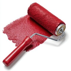 Red paint roller with a fresh coat of red paint creating a textured stroke isolated on white background