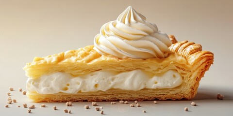 Delicious slice of cream pie with golden flaky crust and whipped topping served on a neutral background