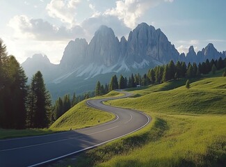 Beautiful mountain road in the Italian Dolomites with green meadows and trees on both sides of it. Summertime. A beautiful sunny day with clouds in the sky. An asphalt-paved, modern, winding, curved s