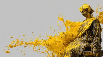 A statue covered in vibrant yellow paint, showcasing a unique artistic expression