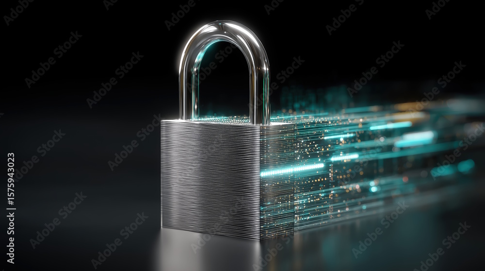 Poster a shimmering metallic padlock on a dark background with streams of glowing digital data, symbolizing