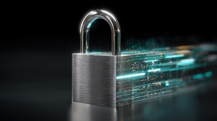 A shimmering metallic padlock on a dark background with streams of glowing digital data, symbolizing robust cybersecurity.