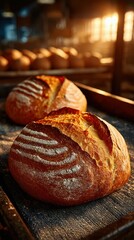 Freshly baked artisan bread cooling on wooden trays in a sunlit bakery