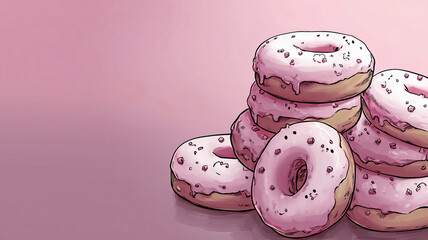 Artistic drawing of donuts with bright pink frosting and sprinkles, arranged in an appetizingly colorful stack on a pastel pink gradient background.