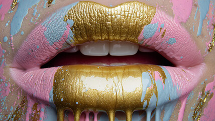 Artfully made up lips, covered in layers of pink, blue and gold paint, with the gold running down in a liquid effect onto the textured skin.