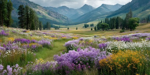 Vibrant spring meadow filled with wildflowers against majestic mountain backdrop