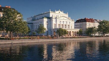 Obraz premium A beautiful historical building reflected in the tranquil water. The building is surrounded by greenery and the sky is blue.