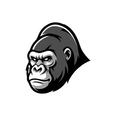 Vector illustration of an angry gorilla head in black and white style. Strong expression and bold lines, perfect for logos, mascots, sports teams, tattoos, stickers, and graphic design projects.