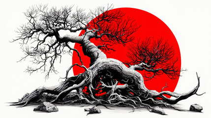Artistic image of a twisted, leafless tree, with exposed roots highlighted by a large red circle in the background, reminiscent of the minimalist Japanese style.