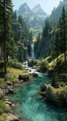 Breathtaking mountain landscape with a serene waterfall cascading into a turquoise river in a lush valley
