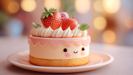Cake decorated with pink frosting, whipped cream, and strawberries on top, styled with an adorable smiley face, in a bright and cozy setting.