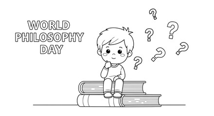Cute cartoon boy sitting on books surrounded by question marks celebrating world philosophy day isolated on transparent background