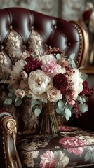 Elegant floral arrangement placed on a vintage chair in a refined interior setting during daylight