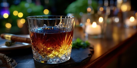 Glass of whiskey with cigar and candles in a cozy setting during evening relaxation