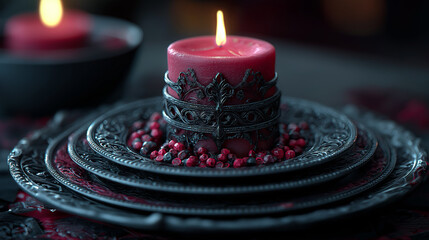 red candle and red berries on the black plates. 